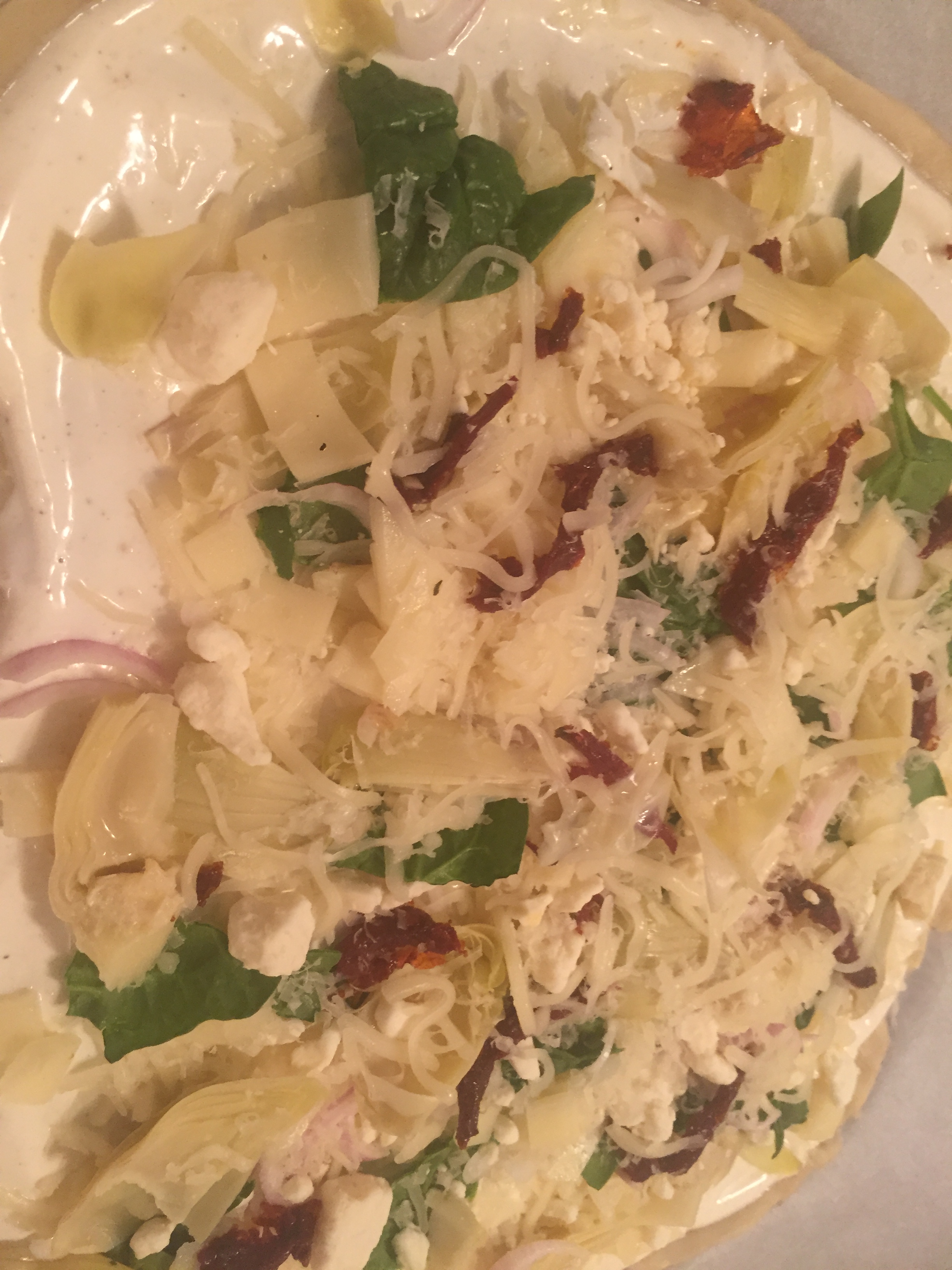 Tarte Pizza with 4 Cheese Artichoke Hearts and Sun-dried Tomato